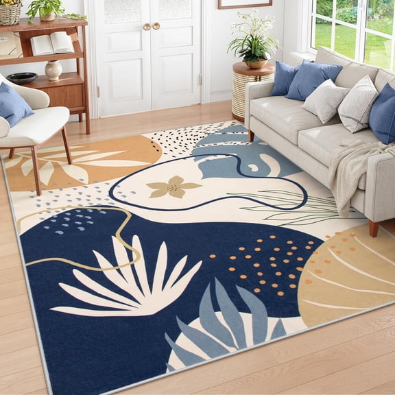 Washable Area Rug - Small Non-Slip Low-Profile Soft Rugs for Bedroom Living Room, Ultra-Thin Botanical Print Indoor Modern Carpet for Entryway Laundry Room Kitchen Office