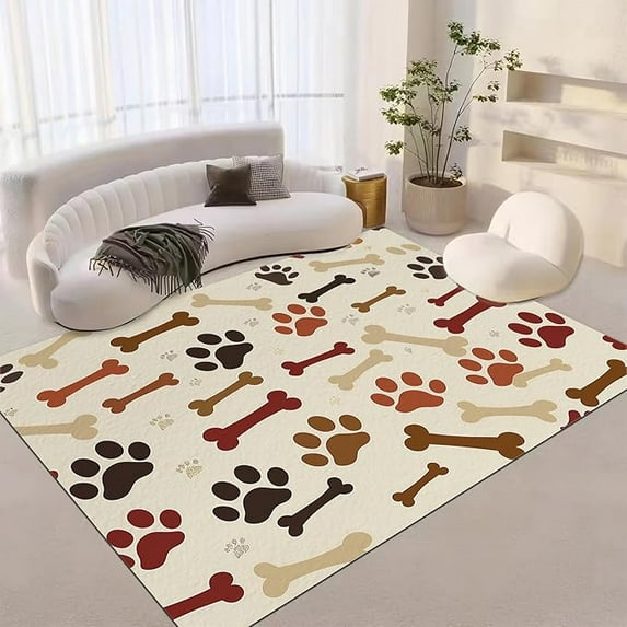 Washable Area Rug, Soft Living Room Rugs Cartoon Dog Paw Print & Bone Brown Rug Carpet For Bedroom, Non Slip Distressed Rug For Bedroom Dining Room Entryway Dorm Kitchen 5'3" x 6'7"