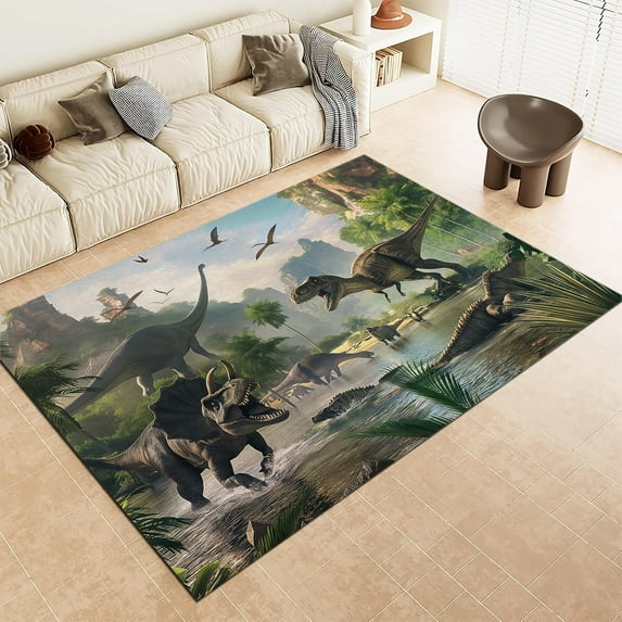 Washable Area Rug, Soft Low-Pile Throw Rugs For Living Bedroom Rug, Non-Slip & Non-Shedding Plant Mountain Animal Dinosaur Print Accent Floor Carpet For Dining Room Office Home Green Decor Rug