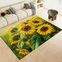 Washable Area Rug, Soft Low-Pile Throw Rugs For Living Bedroom Rug, Non-Slip & Non-Shedding Plant Sunflower Oil Painting Print Accent Floor Carpet For Dining Room Office Home Green Decor Rug