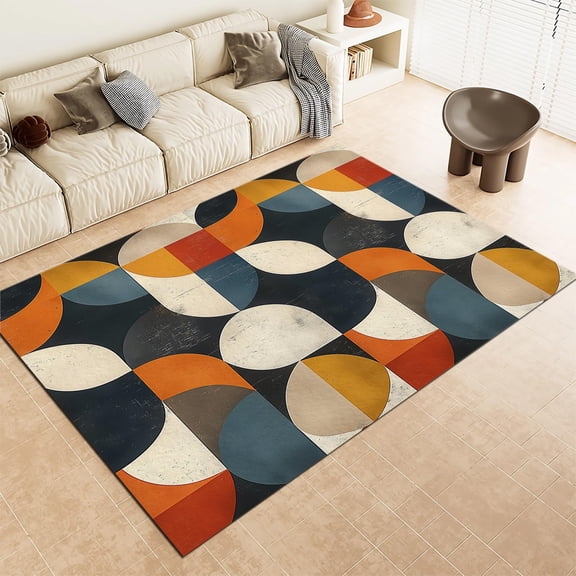Washable Area Rug, Soft Low-Pile Throw Rugs For Living Bedroom Rug, Non-Slip & Non-Shedding Retro Geometric Color Blocks Print Accent Floor Carpet For Dining Room Office Home Colorful Decor Rug