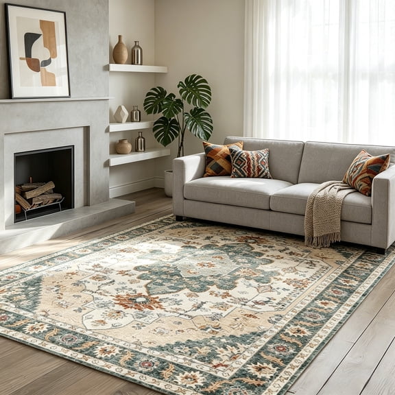 Washable Area Rug, Soft & Non-Slip, Vintage Distressed Medallion Large Carpet for Living Room, Bedroom & Study 5’x7’