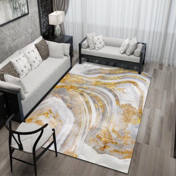Washable Area Rug Traditional Tiled Area Rug, Vintage, Easy-Cleaning, for Bedroom, Kitchen, Living Room, Non Shedding, Streamlined Gold Stamping