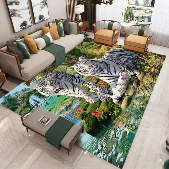 Washable Area Rug Traditional Tiled Area Rug, Vintage, Easy-Cleaning, for Bedroom, Kitchen, Living Room, Non Shedding, Tiger