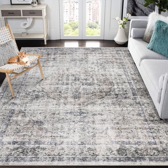 Washable Area Rug Vintage Distressed Floor Cover – Non-Slip Backing, Stain Resistant Oriental Accent, Foldable Low Pile for Living Room Dining Kitchen