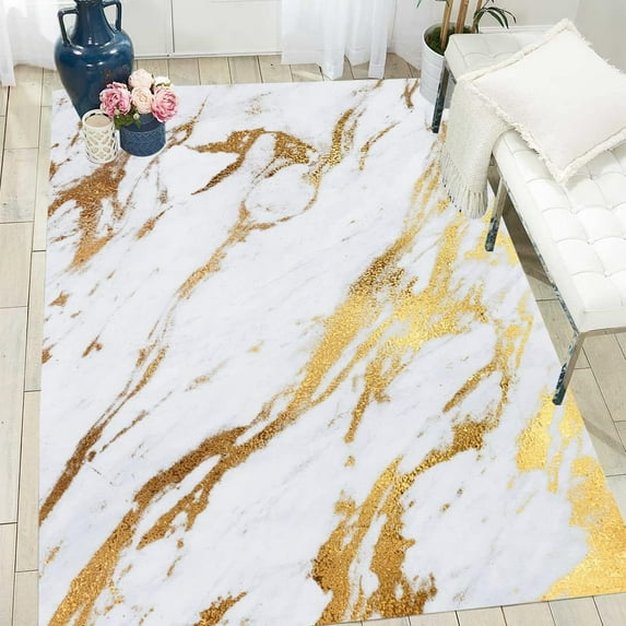 Washable Area Rug White Gold 5'x6' Abstract Marble Carpet for Living Room Bedroom Dining Kitchen Modern Fluffy Nursery Playroom Office Floor Deco Rugs Washable Bathmat