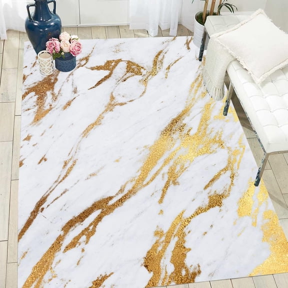 Washable Area Rug White Gold 5'x7' Abstract Marble Carpet for Living Room Bedroom Dining Kitchen Modern Fluffy Nursery Playroom Office Floor Deco Rugs Washable Bathmat