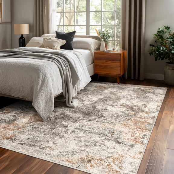 Washable Area Rug for Living Room, 4'x6' Non-Slip Neutral Abstract Beige Indoor Rug, Low Pile Stain Resistant Carpet for Entryway, Nursery