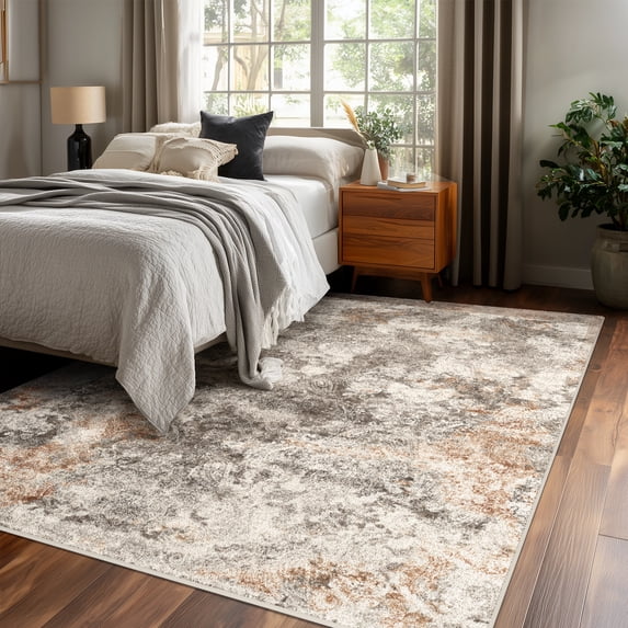 Washable Area Rug for Living Room, 4'x6' Non-Slip Neutral Abstract Beige Indoor Rug, Low Pile Stain Resistant Carpet for Entryway, Nursery