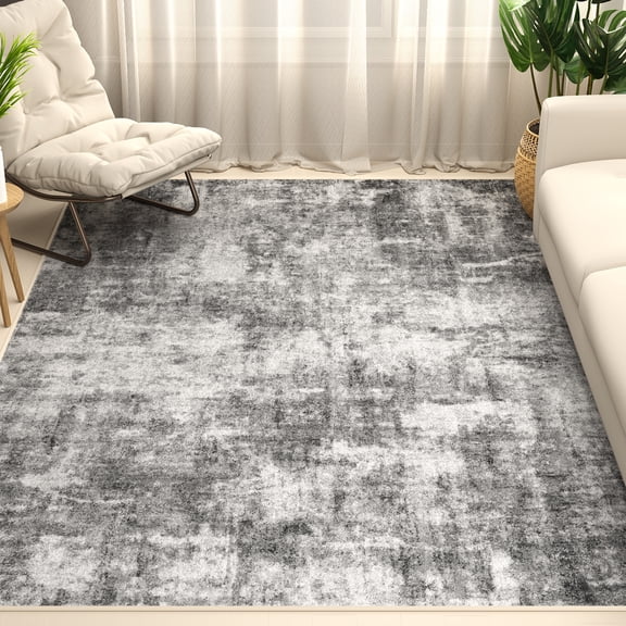 Washable Area Rug for Living Room, 5'x7' Non-Slip Neutral Abstract Gray Indoor Rug, Soft Low Pile Stain Resistant Carpet for Bedroom, Nursery