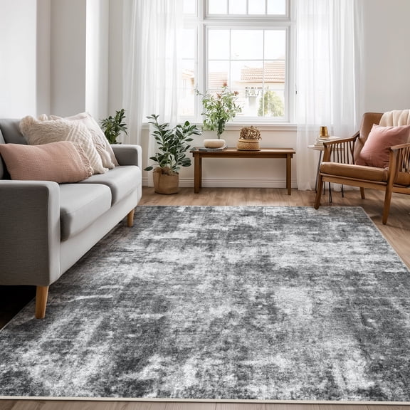 Washable Area Rug for Living Room, 6'x9' Non-Slip Neutral Abstract Gray Indoor Rugs, Low Pile Stain Resistant Carpet for Bedroom Kitchen