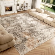 Washable Area Rug for Living Room, 8'x10' Non-Slip Neutral Abstract Beige Indoor Rug, Low Pile Stain Resistant Carpet fo
