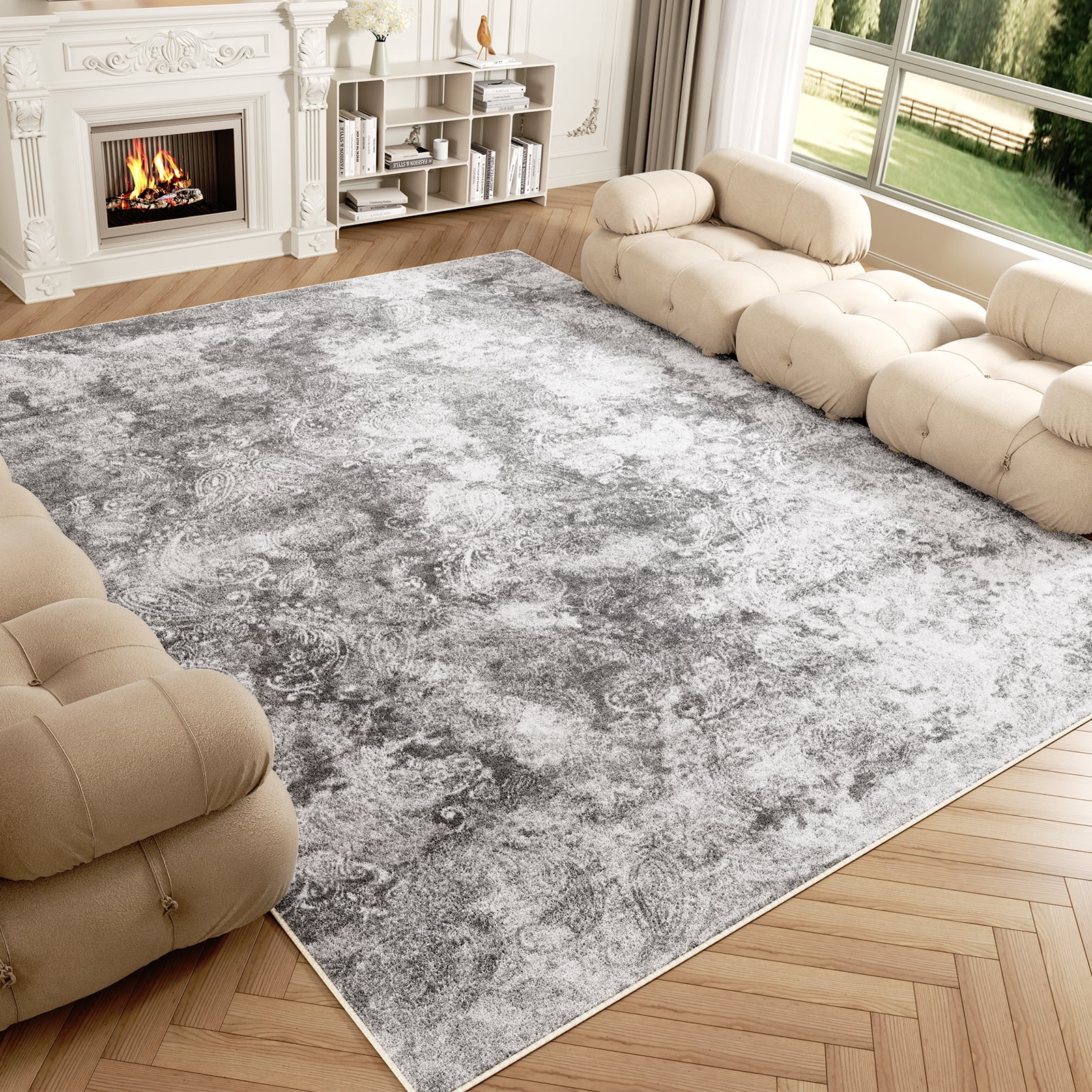 Washable Area Rug for Living Room, 8'x10' Non-Slip Neutral Abstract Gray Indoor Rugs, Low Pile Stain Resistant Carpet for Bedroom Kitchen