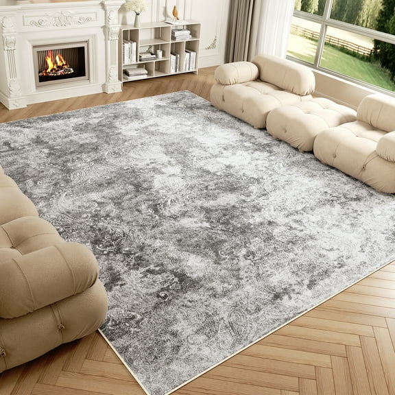 Washable Area Rug for Living Room, 8'x10' Non-Slip Neutral Abstract Gray Indoor Rugs, Low Pile Stain Resistant Carpet for Bedroom Kitchen
