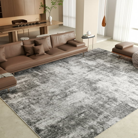 Washable Area Rug for Living Room, 9'x12' Non-Slip Neutral Abstract Gray Indoor Rugs, Low Pile Stain Resistant Carpet for Bedroom