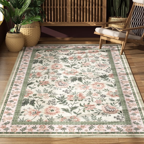 Washable Area Rug for Living Room, Curtilage 4'x6' Non-Slip Boho Pink Floral Print Indoor Rug, Low Pile Stain Resistant Carpet for Entryway, Nursery