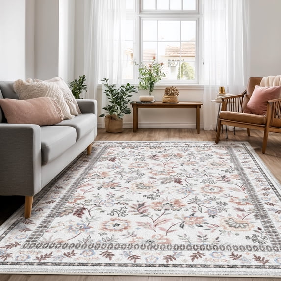 Washable Area Rug for Living Room, Curtilage 6'x9' Boho Khaki Floral Print Indoor Rug, Low Pile & Stain Resistant Carpet for Bedroom Dining Room