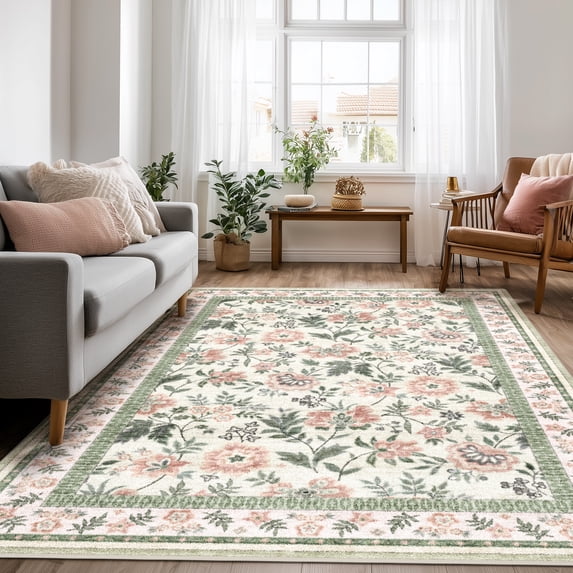 Washable Area Rug for Living Room, Curtilage 6'x9' Non-Slip Boho Pink Floral Print Indoor Rug, Low Pile Stain Resistant Carpet for Bedroom Office
