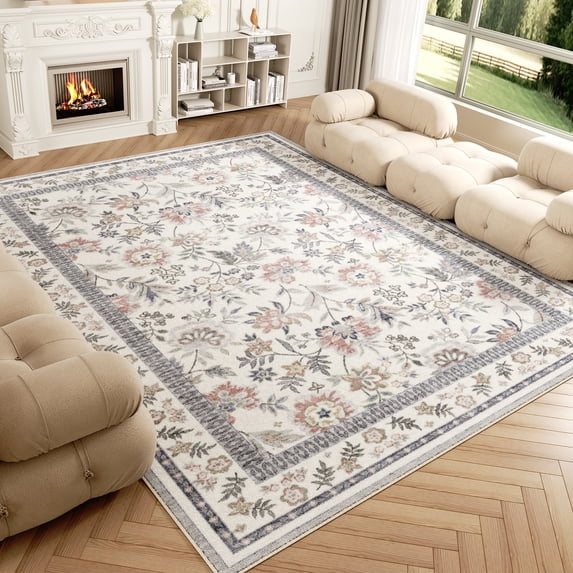 Washable Area Rug for Living Room, Curtilage 8'x10' Boho Blue Floral Print Indoor Rug, Soft Low Pile & Stain Resistant Carpet for Bedroom Dining Room