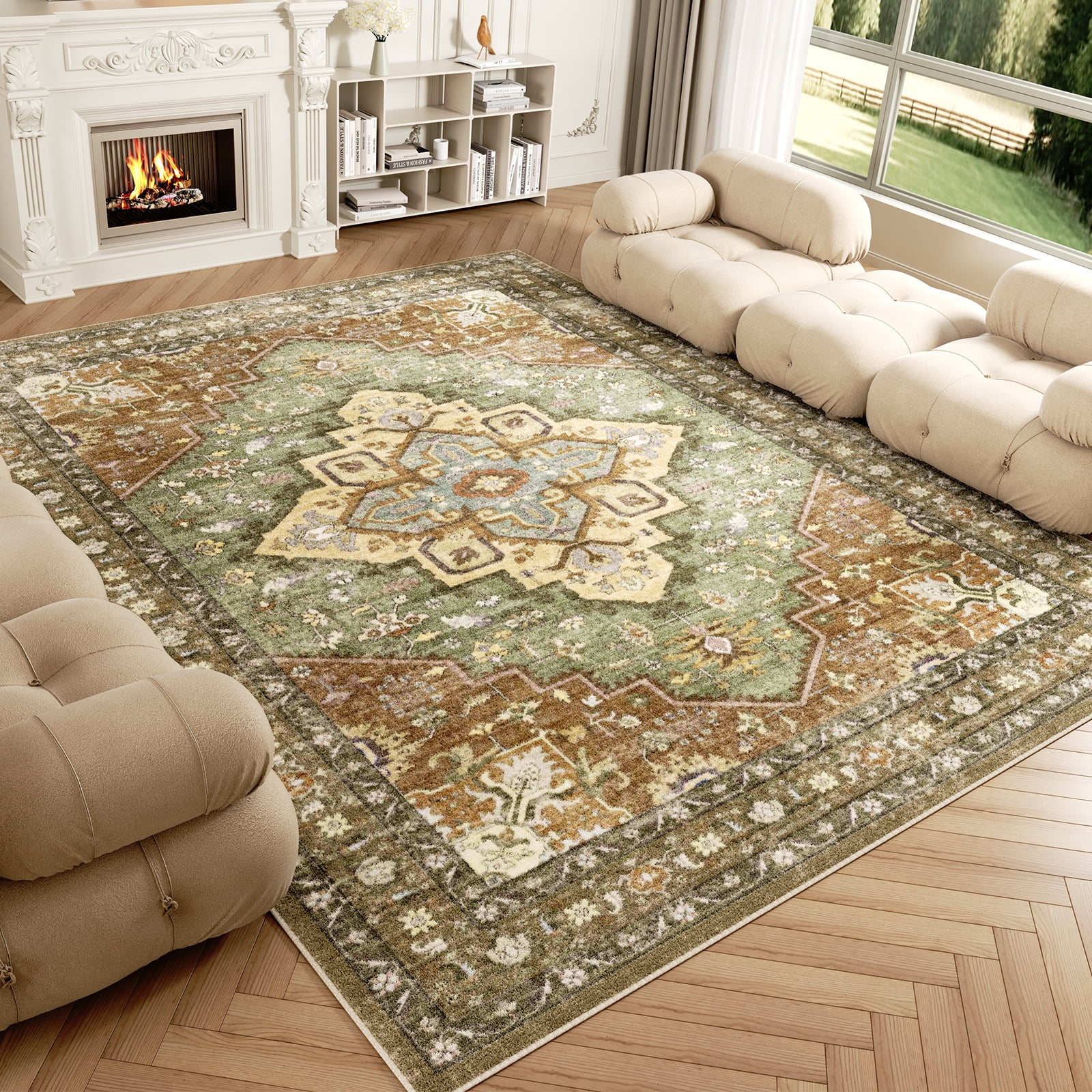 Washable Area Rug for Living Room, Curtilage 8'x10' Floral Vintage Green Indoor Rug, Low Pile & Stain Resistant Carpet for Bedroom, Office