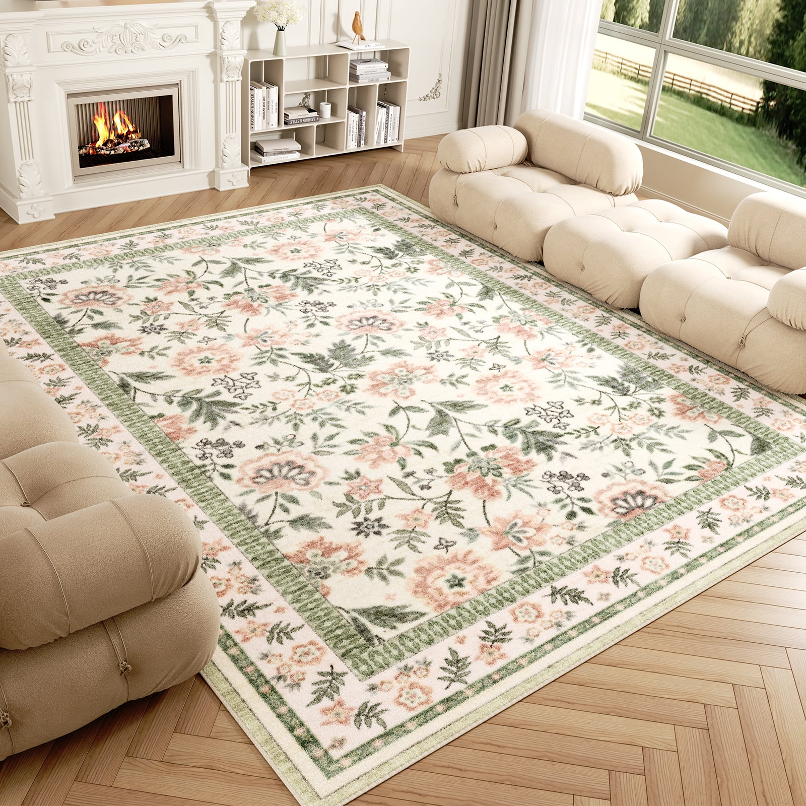 Washable Area Rug for Living Room, Curtilage 8'x10' Non-Slip Boho Pink Floral Print Indoor Rug, Soft Low Pile Stain Resistant Carpet for Bedroom