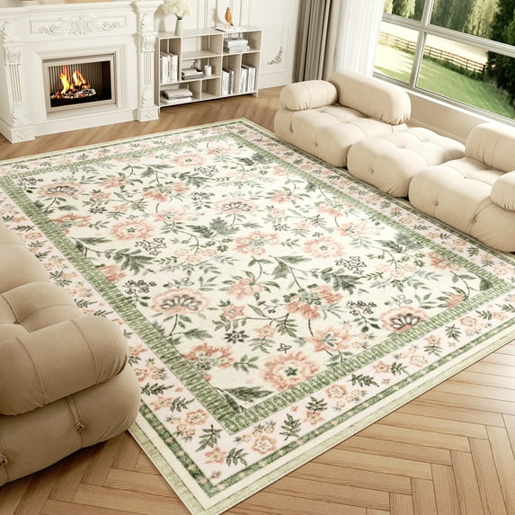 Washable Area Rug for Living Room, Curtilage 8'x10' Non-Slip Boho Pink Floral Print Indoor Rug, Soft Low Pile Stain Resistant Carpet for Bedroom