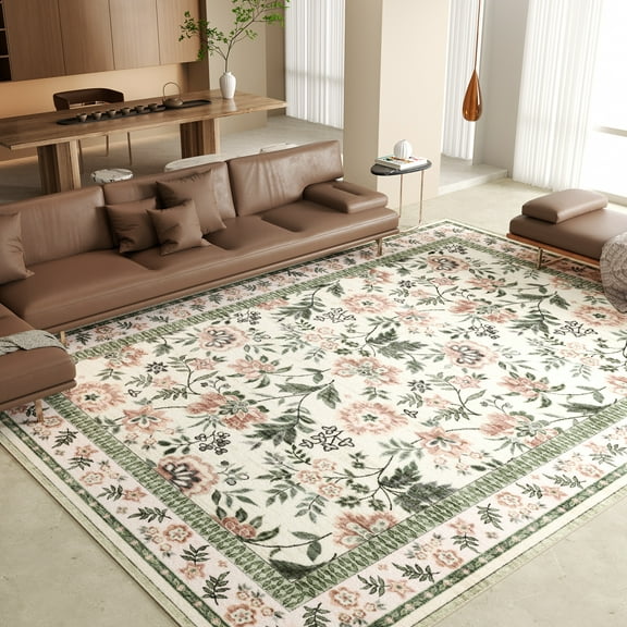 Washable Area Rug for Living Room, Curtilage 9'x12' Non-Slip Boho Pink Floral Print Indoor Rug, Soft Low Pile Stain Resistant Carpet for Bedroom