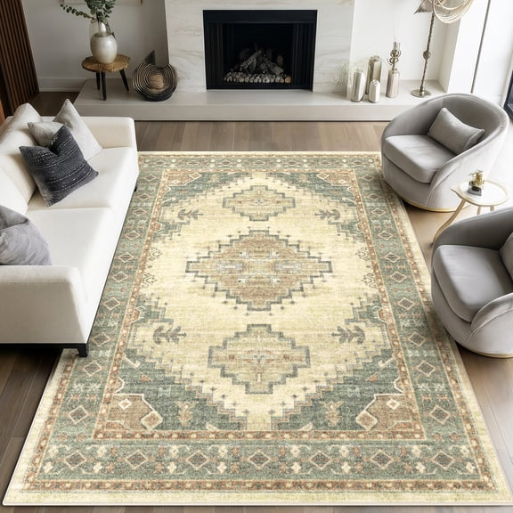 Washable Area Rug for Living Room, Curtilage 9'x12' Vintage Geometric Indoor Rug, Soft Low Pile Stain Resistant Carpet for Bedroom