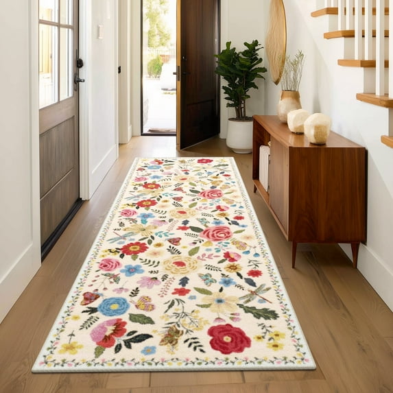 2'x6' Runner Rugs for Hallway, Homasen Washable Small Indoor Rugs Boho Floral, Soft Low Pile Stain Resistant Carpet for Kitchen, Bedroom, Bathroom