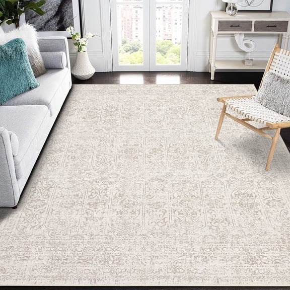 Washable Area Rug for Living Room, Vintage Non-Slip Oriental Throw Rug, Soft Low Pile Stain-Resistant Carpet for Bedroom, Dining Room, Nursery