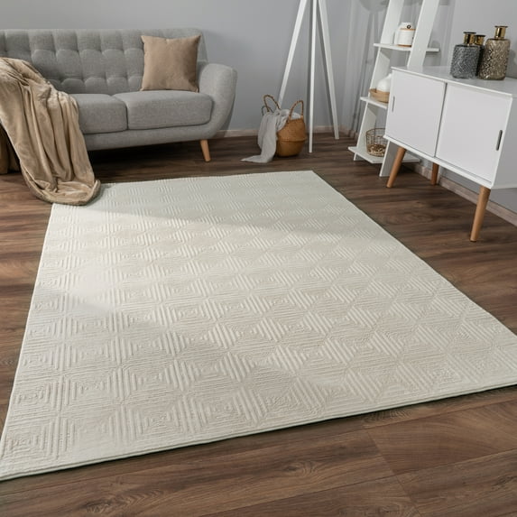 Washable Area Rug with Geometric Pattern and High-Low Effect