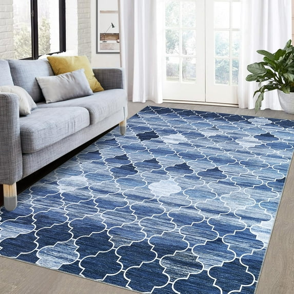 Washable Area RugMoroccan Entryway Rug Area Rug Stain Resistant Non-Slip Accent Rug Distressed Trellis Floor Carpet for Indoor Front Entrance Kitchen Bathroom, Navy, 2' x 3'