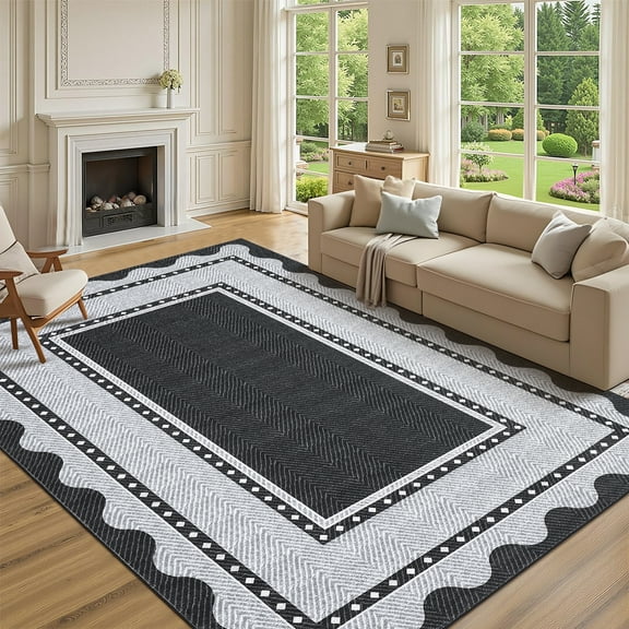 Washable Area Rugs 10x13 Modern Border Neutral Print Pattern Large Soft Rugs, Low Pile Non Slip Foldable Soft Carpet, Perfect for Living Room, Bedroom, Kids Room, Nursery, Black Grey