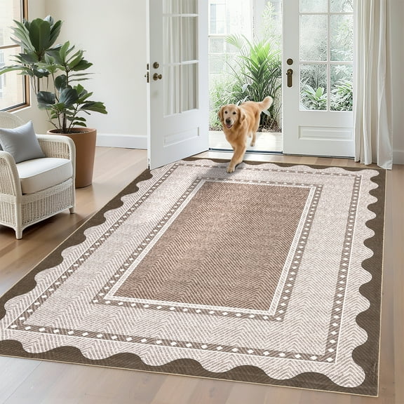 Washable Area Rugs 10x13 Modern Border Neutral Print Pattern Large Soft Rugs, Low Pile Non Slip Foldable Soft Carpet, Perfect for Living Room, Bedroom, Kids Room, Nursery, Red Brown