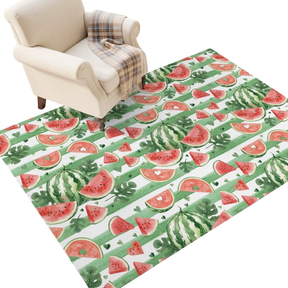 Washable Area Rugs 2.7x5 FT Watermelon Rugs for Living Room Non-Slip Soft Low-Profile Rectangle Watercolor Fruits Green Palm Leaves Striped Large Rug Carpet for Bedroom Dining Room Home Decor