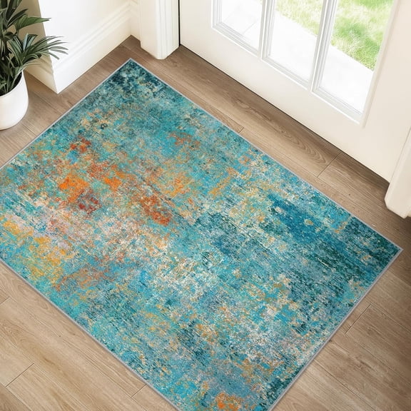 Washable Area Rugs 2''x3'' Non-Slip Modern Abstract Soft for Living Room Entryway Bedroom Nursery, Print Pattern, Teal Blue Green Orange Rust Red Coloreful