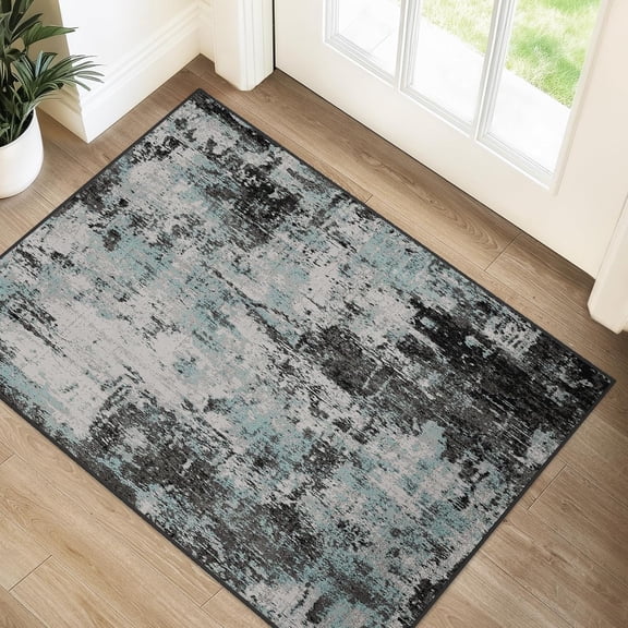 Xchearser Washable Area Rugs 2''x3'' Non-Slip Modern Abstract Soft for Living Room Entryway Bedroom Nursery, Print Pattern, Blue Black Teal