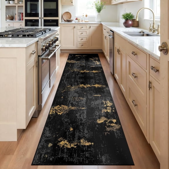 Washable Area Rugs 2''x6'' Non-Slip Modern Abstract Soft for Living Room Entryway Bedroom Nursery, Print Pattern, Dark Black Gold