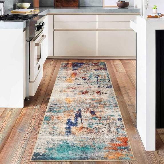 Washable Area Rugs 2'x6' Non-Slip Modern Abstract Soft for Living Room Entryway Bedroom, Print Pattern, Teal Blue Orange Rust Red Coloreful
