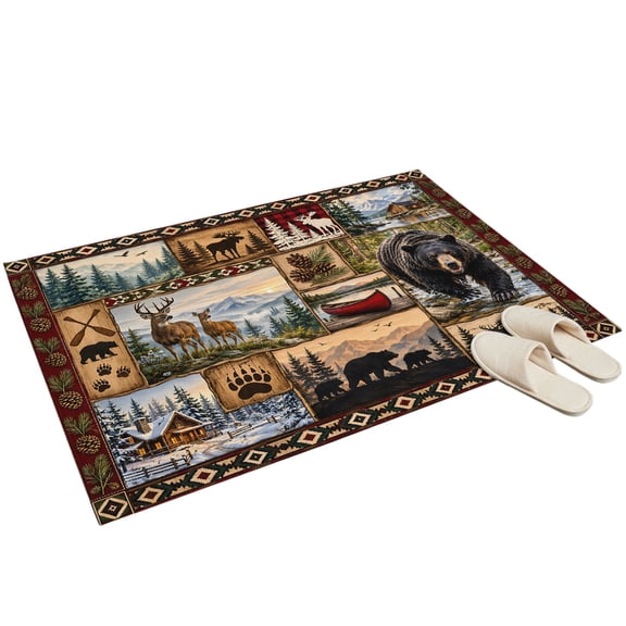 Washable Area Rugs 2x3ft Bear Cabin Checked Throw Rug Non-Slip Soft Non-Shedding Low-Profile Rectangle Brown Pine Tree Pine Cone Rustic Small Rug Carpet for Living Room Bedroom Dining Room Home Decor