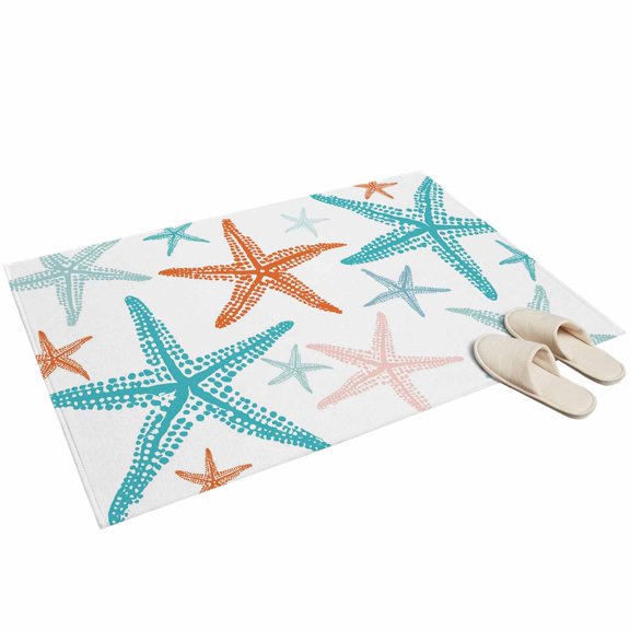 Washable Area Rugs 2x3ft Coastal Starfish Throw Rug Non-Slip Low-Profile Rectangle Teal Orange Nautical Minimalist Beach Cartoon Small Rug Carpet for Living Room Bedroom Dining Room Home Decor