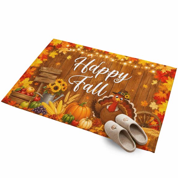 Washable Area Rugs 2x3ft Happy Fall Throw Rug Non-Slip Low-Profile Rectangle Thanksgiving Turkey Pumpkins Maple Leaf Wooden Small Rug Carpet for Living Room Bedroom Dining Room Home Decor
