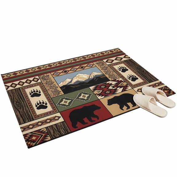 Washable Area Rugs 2x3ft Lodge Bear Cabin Throw Rug Non-Slip Soft Non-Shedding Low-Profile Rectangle Vintage Brown Buffalo Plaid Boho Small Rug Carpet for Living Room Bedroom Dining Room Home Decor
