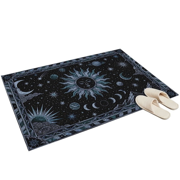 Washable Area Rugs 2x3ft Navy Blue Celestial Throw Rug Non-Slip Non-Shedding Low-Profile Rectangle Mythical Sun Face Planet Universe Small Rug Carpet for Living Room Bedroom Dining Room Home Decor