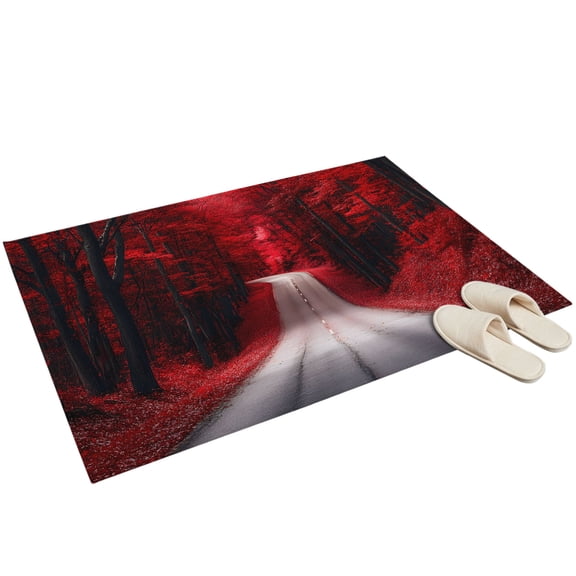 Washable Area Rugs 2x3ft Red Maple Forest Throw Rug Non-Slip Soft Non-Shedding Low-Profile Rectangle Farmhouse Tree Falling Leaves Road Small Rug Carpet for Living Room Bedroom Dining Room Home Decor