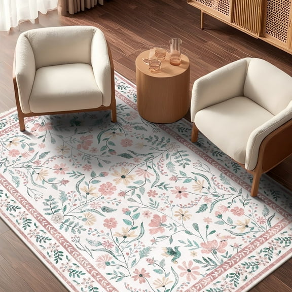 LOKHOM 3'x 5' Floral Washable Area Rugs for Living Room, Non Slip Low Pile Floor Carpet Soft Distressed Rug for Bedroom, Dining Room, Pink