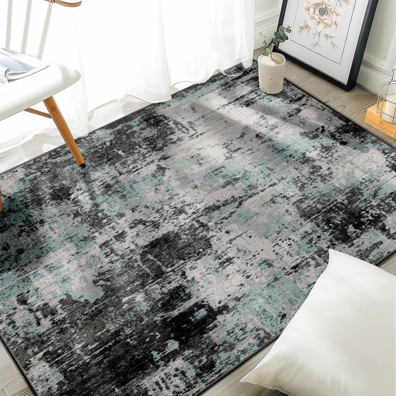 Washable Area Rugs 3''x5'' Non-Slip Modern Abstract Soft for Living Room Entryway Bedroom Nursery, Print Pattern, Blue Black Teal