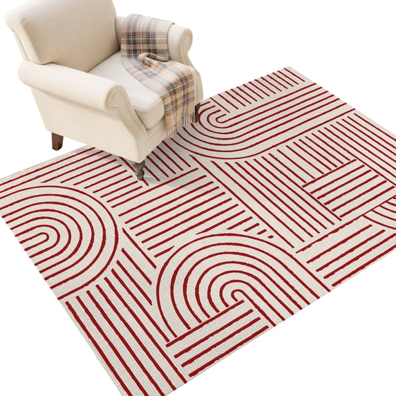 Washable Area Rugs 3x5 FT Red Boho Rugs for Living Room Non-Slip Soft Non-Shedding Low-Profile Rectangle Abstract Geometric Curves Lines Modern Large Rug Carpet for Bedroom Dining Room Home Decor