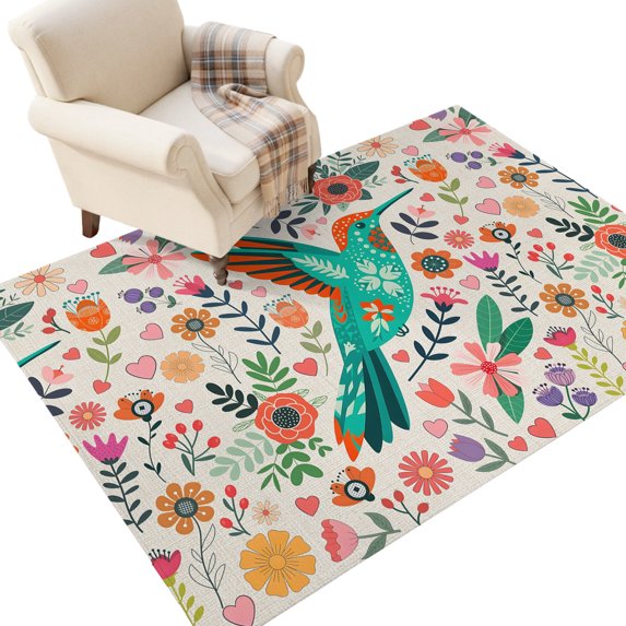 Washable Area Rugs 3x5 FT Turquoise Birds Rugs for Living Room Non-Slip Soft Low-Profile Rectangle Country Cartoon Colorful Flowers Herbs Large Rug Carpet for Bedroom Dining Room Home Decor
