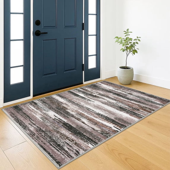 Brisasol Washable Rug with Rubber Backing 3x5 Abstract Area Rug for Entryway Non Slip Printed Door Rug for Bedroom Kitchen, Dark Light Brown White